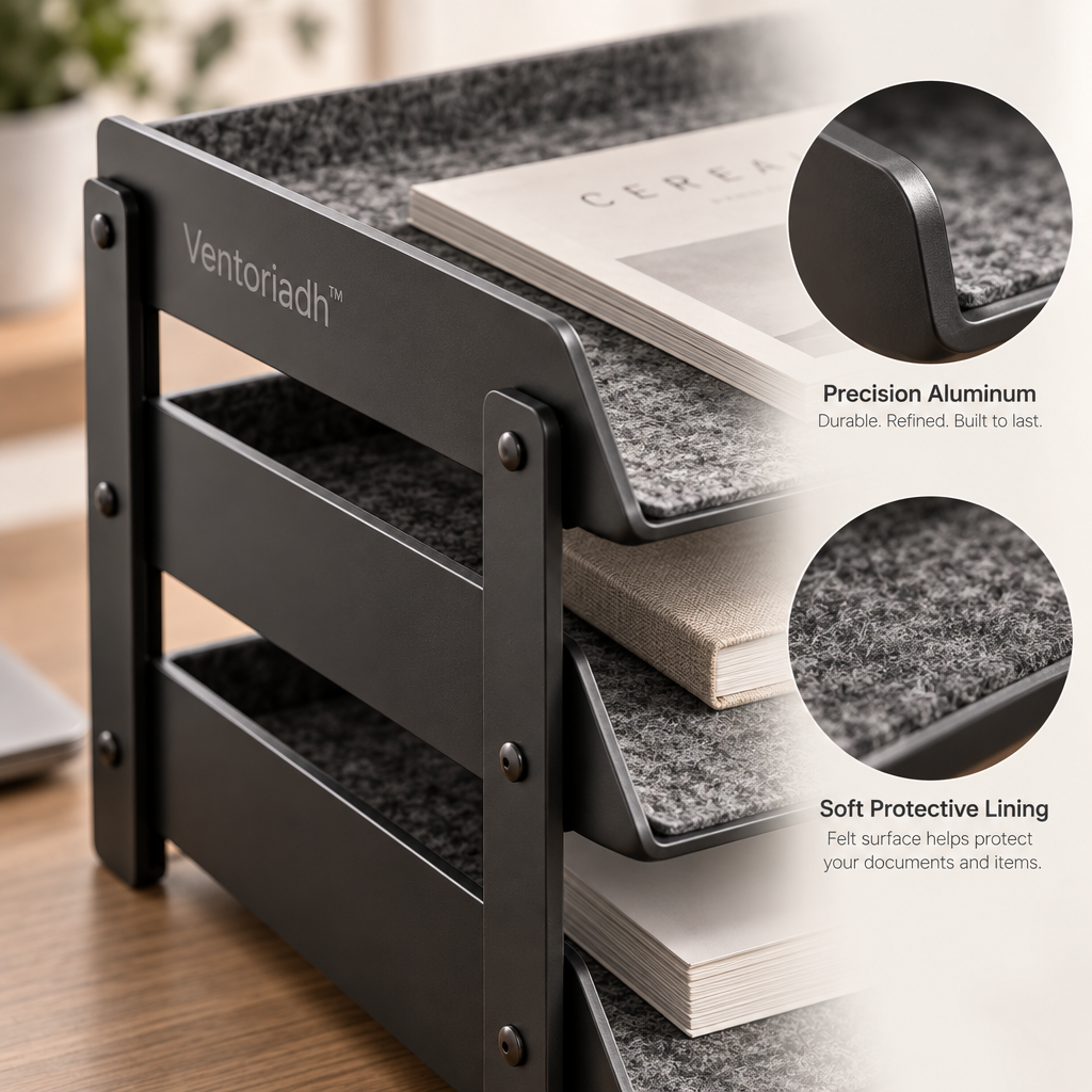 Ventoriadh™ 4-Tier Desktop Document Organizer | Stackable Office Paper Tray with Soft Protective Lining