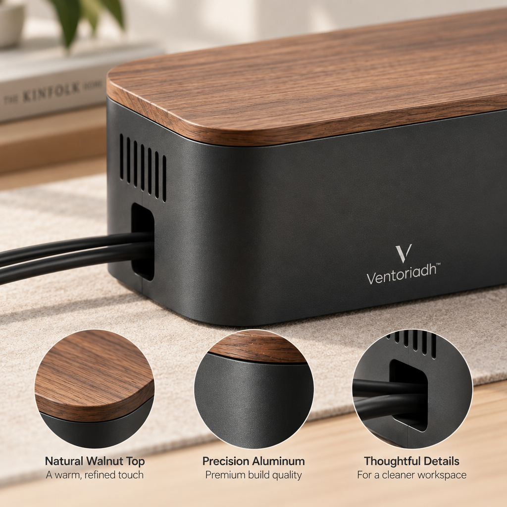 Ventoriadh™ Cable Management Box | Desktop Power Strip & Charger Organizer with Wood-Grain Lid
