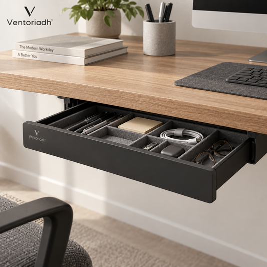 Ventoriadh™ Under-Desk Drawer Organizer | Pull-Out Desktop Storage Tray with Divided Felt Compartments