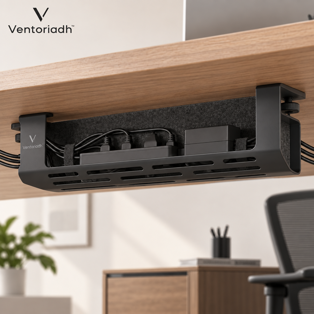Ventoriadh™ Clamp-On Under Desk Cable Management Tray | Metal Cord Organizer for Cables, Power Bricks & Chargers