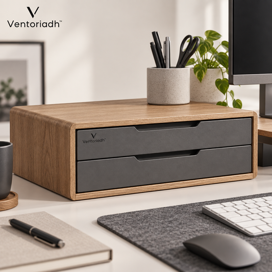 Ventoriadh™ 2-Drawer Desktop Organizer | Wood-Grain Office Storage Cabinet & Desk Riser