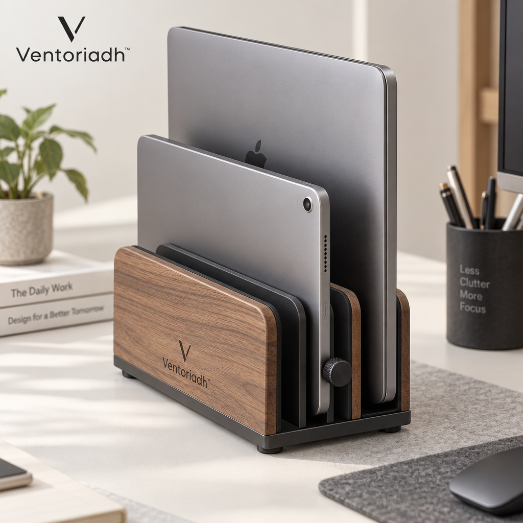 Ventoriadh™ Multi-Device Vertical Desk Organizer | Wood-Grain Laptop, Tablet & Document Storage Stand