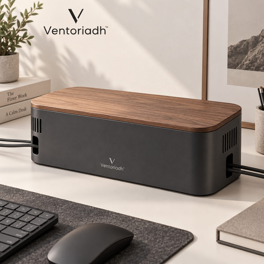 Ventoriadh™ Cable Management Box | Desktop Power Strip & Charger Organizer with Wood-Grain Lid