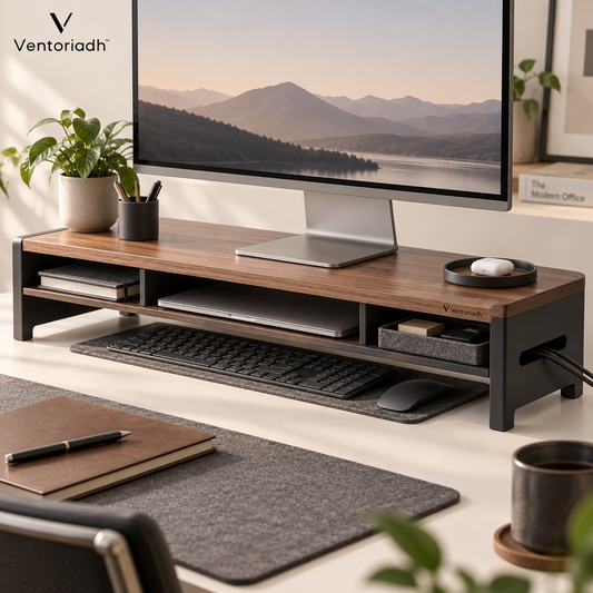 Ventoriadh™ Wood-Grain Monitor Stand Riser | Desktop Organizer with Dual Storage Compartments