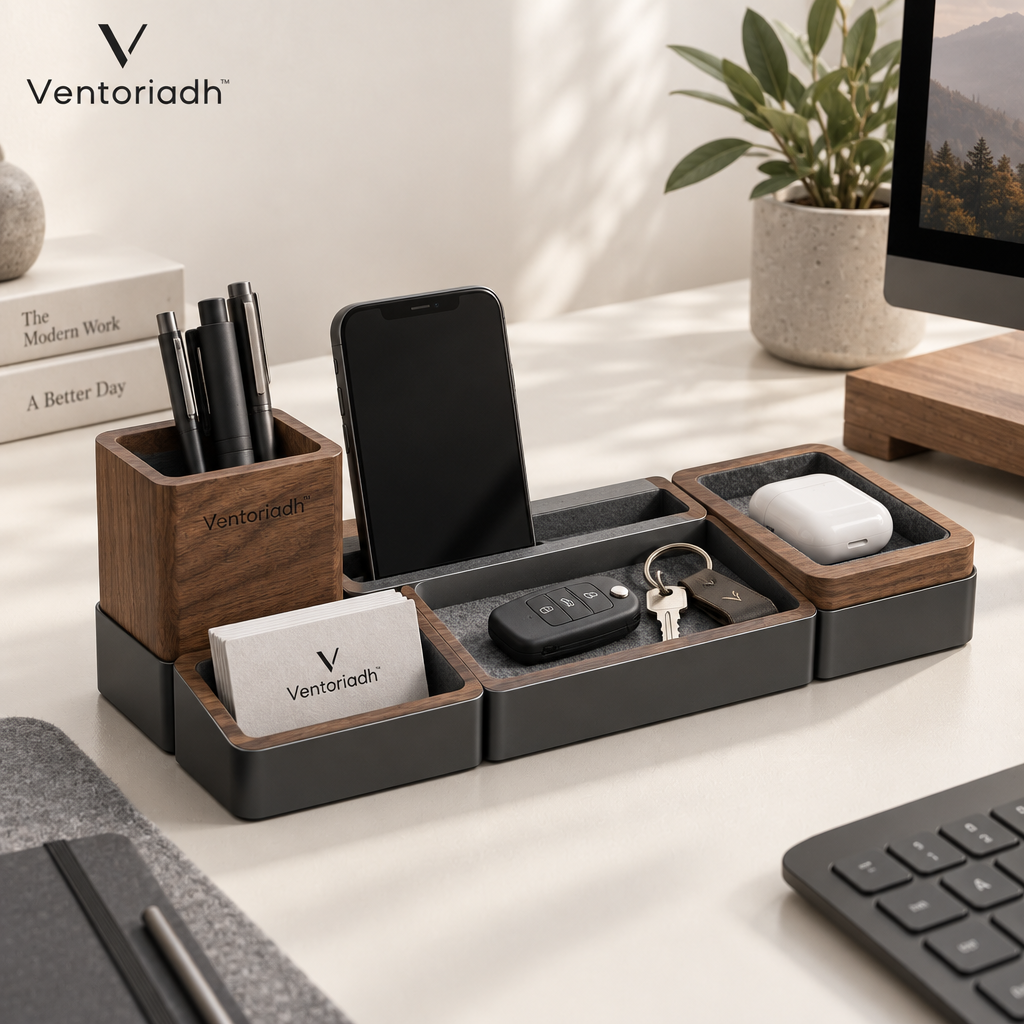 Ventoriadh™ Modular Desktop Organizer | Wood-Grain Pen Holder & Multi-Compartment Office Storage Tray