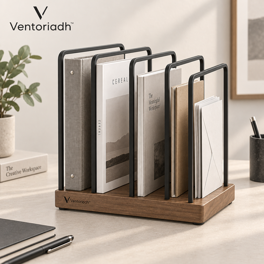 Ventoriadh™ Multi-Slot Desktop File Organizer | Wood-Grain Laptop, Tablet, Document & Book Storage Rack