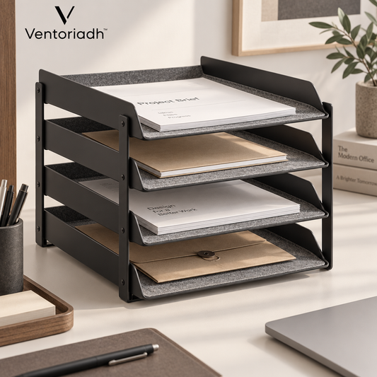 Ventoriadh™ 4-Tier Desktop Document Organizer | Stackable Office Paper Tray with Soft Protective Lining