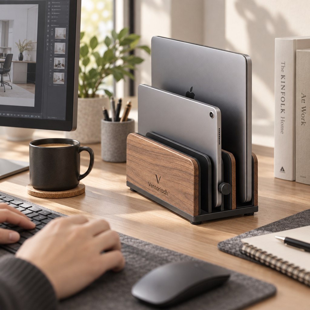 Ventoriadh™ Multi-Device Vertical Desk Organizer | Wood-Grain Laptop, Tablet & Document Storage Stand