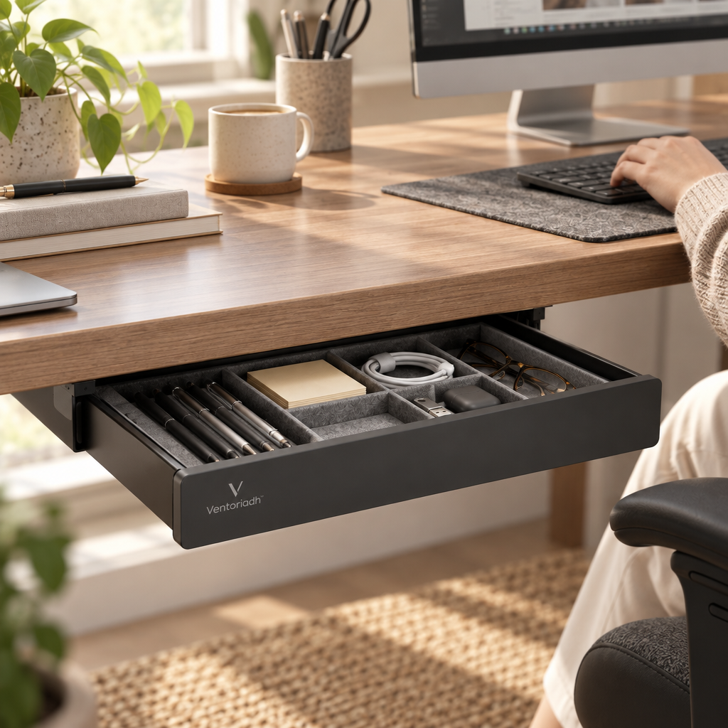 Ventoriadh™ Under-Desk Drawer Organizer | Pull-Out Desktop Storage Tray with Divided Felt Compartments