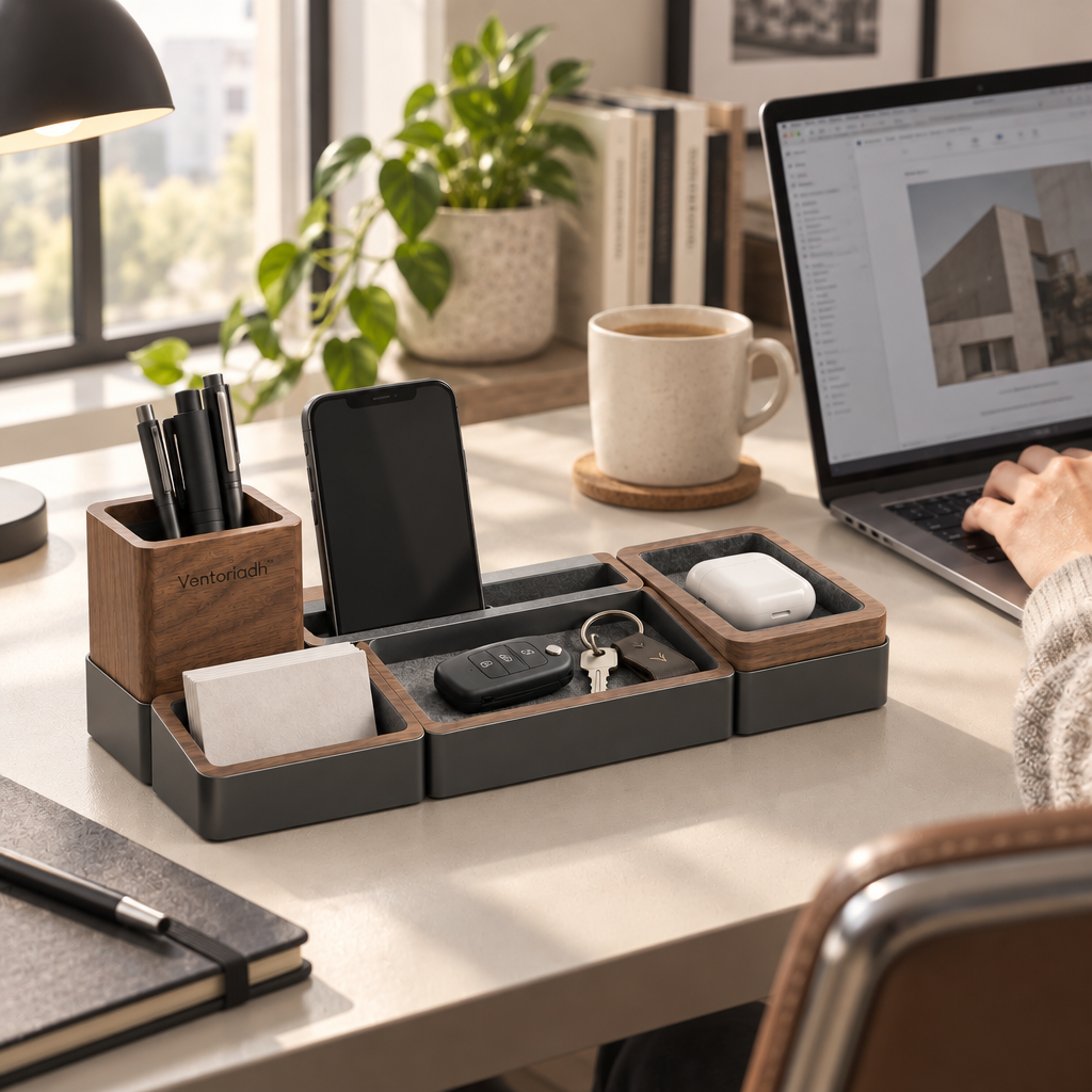 Ventoriadh™ Modular Desktop Organizer | Wood-Grain Pen Holder & Multi-Compartment Office Storage Tray