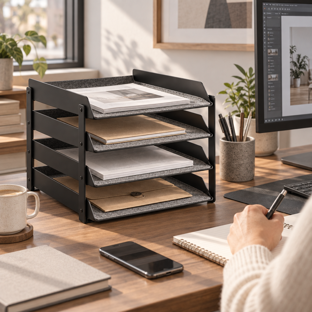 Ventoriadh™ 4-Tier Desktop Document Organizer | Stackable Office Paper Tray with Soft Protective Lining