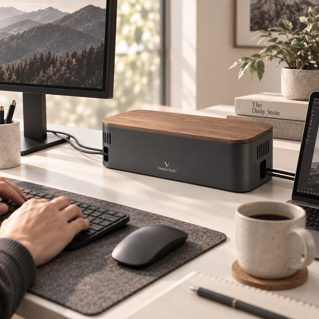 Ventoriadh™ Cable Management Box | Desktop Power Strip & Charger Organizer with Wood-Grain Lid