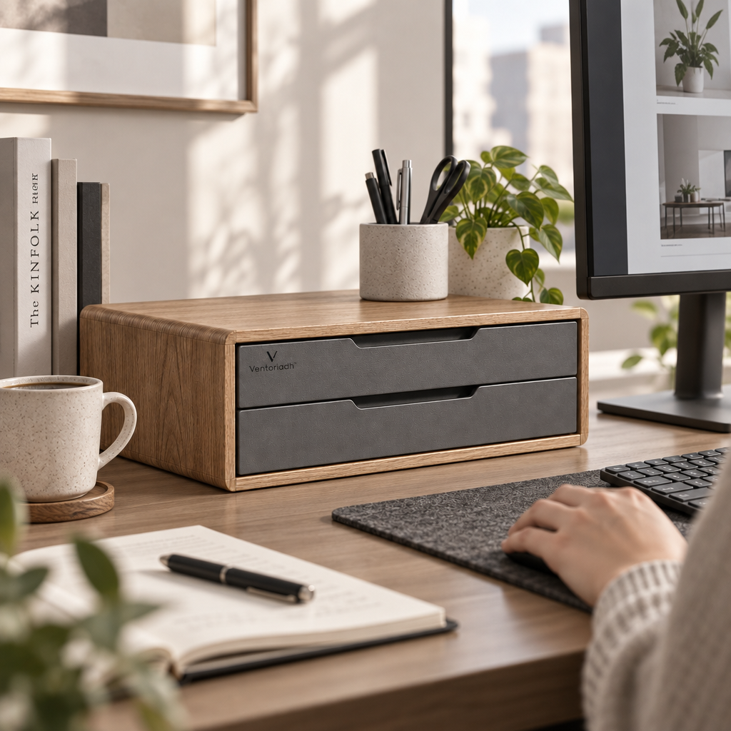 Ventoriadh™ 2-Drawer Desktop Organizer | Wood-Grain Office Storage Cabinet & Desk Riser