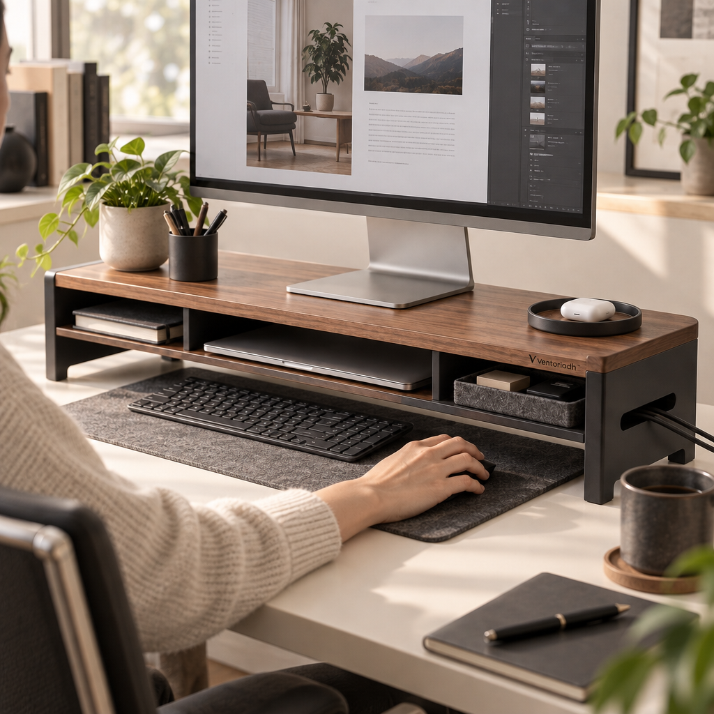 Ventoriadh™ Wood-Grain Monitor Stand Riser | Desktop Organizer with Dual Storage Compartments