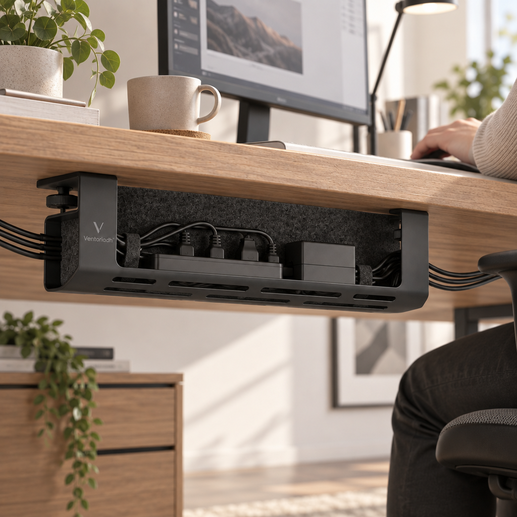 Ventoriadh™ Clamp-On Under Desk Cable Management Tray | Metal Cord Organizer for Cables, Power Bricks & Chargers