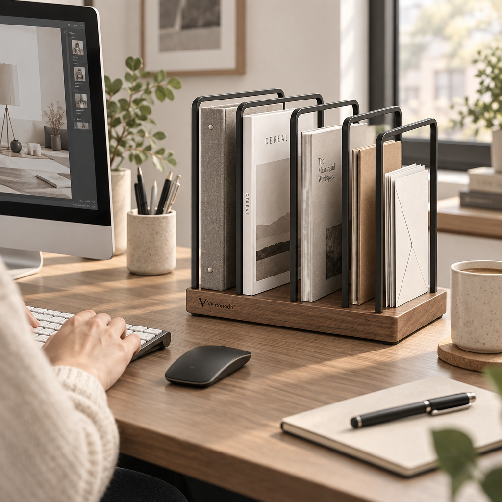 Ventoriadh™ Multi-Slot Desktop File Organizer | Wood-Grain Laptop, Tablet, Document & Book Storage Rack