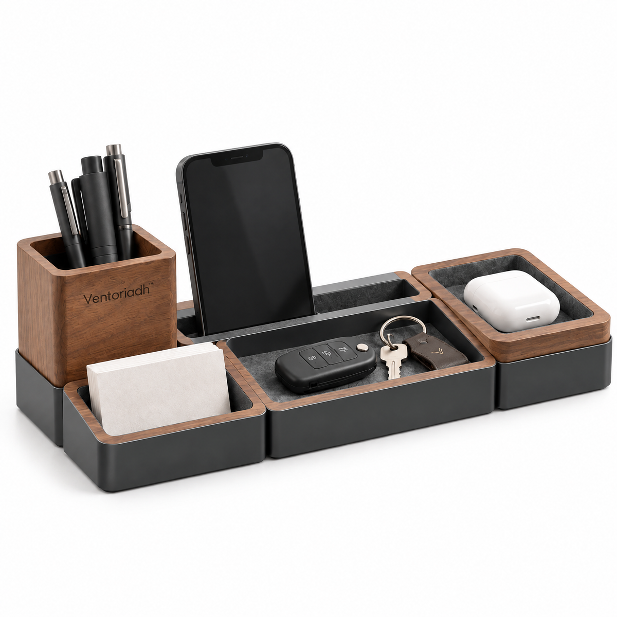 Ventoriadh™ Modular Desktop Organizer | Wood-Grain Pen Holder & Multi-Compartment Office Storage Tray