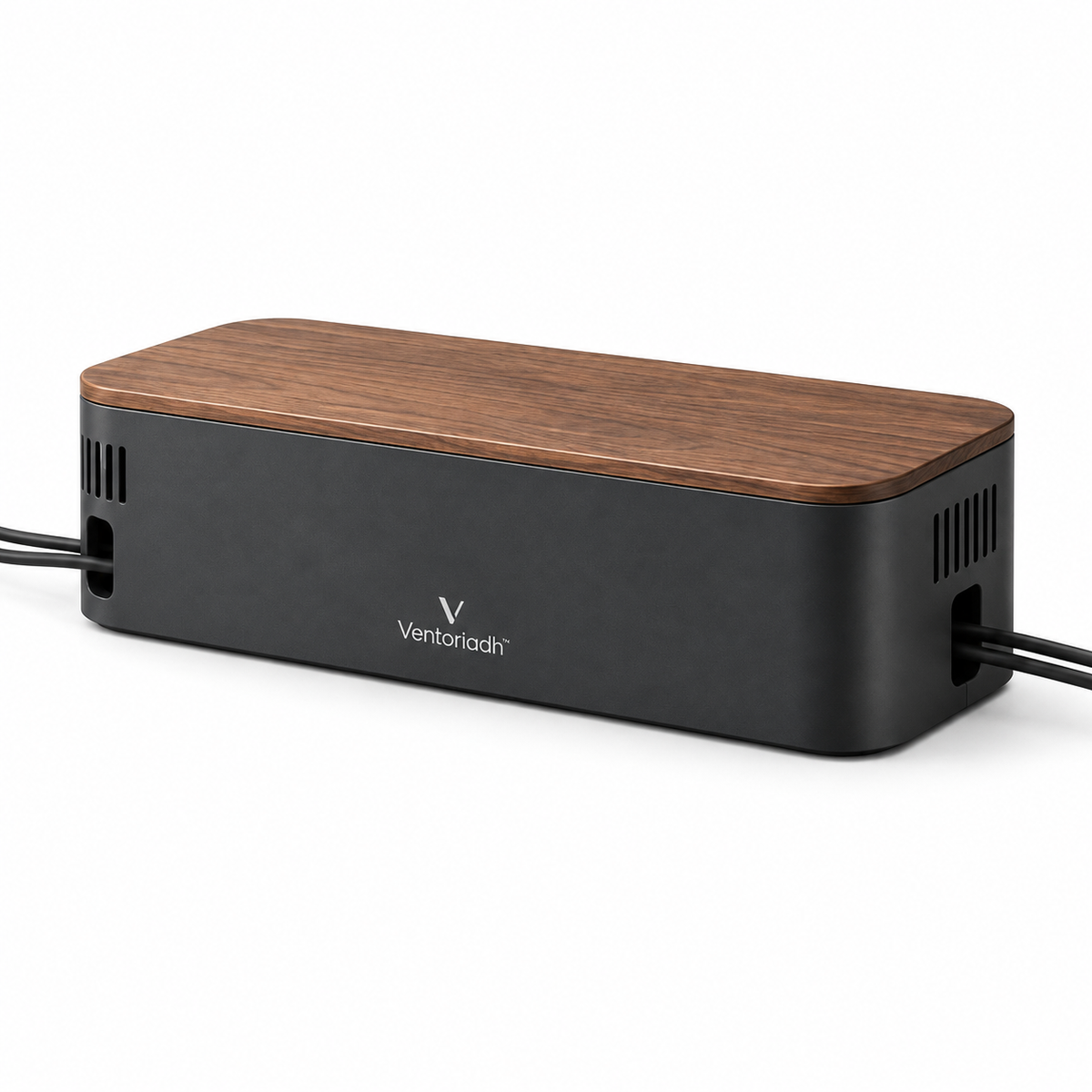 Ventoriadh™ Cable Management Box | Desktop Power Strip & Charger Organizer with Wood-Grain Lid