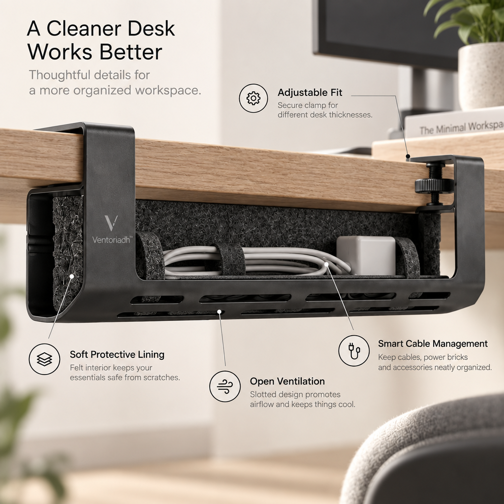 Ventoriadh™ Clamp-On Under Desk Cable Management Tray | Metal Cord Organizer for Cables, Power Bricks & Chargers