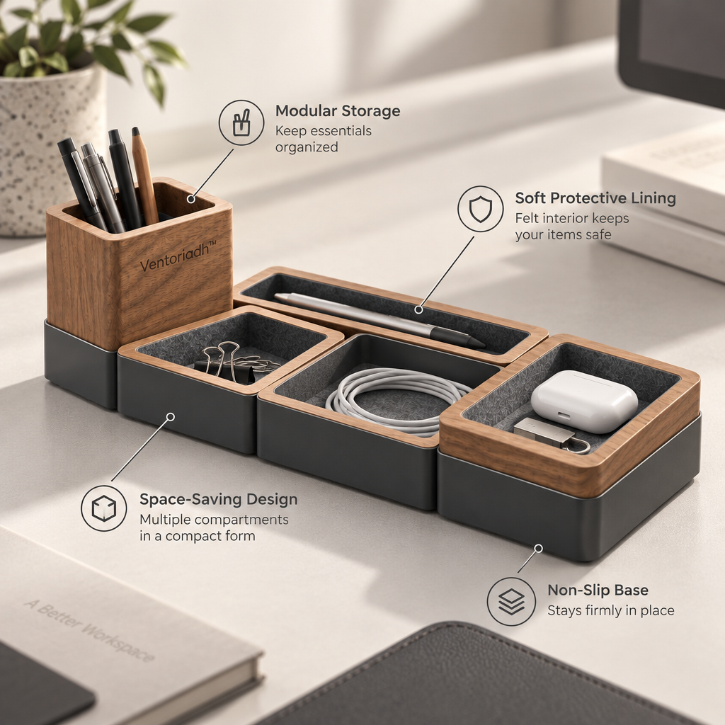 Ventoriadh™ Modular Desktop Organizer | Wood-Grain Pen Holder & Multi-Compartment Office Storage Tray