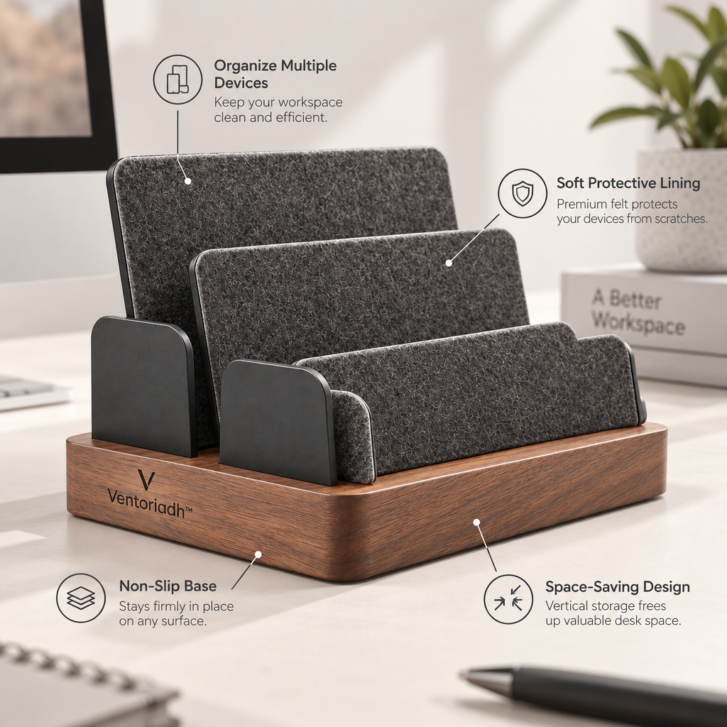 Ventoriadh™ Multi-Slot Desktop Organizer | Wood-Grain Vertical Storage Rack for Laptops, Tablets, Documents & Mail