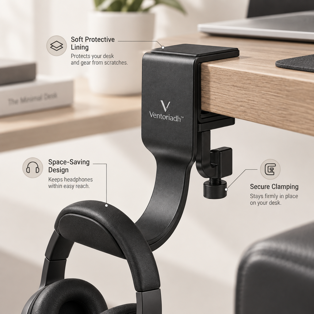 Ventoriadh™ Clamp-On Headphone Hanger | Under-Desk Multi-Purpose Hook for Headphones, Bags, Hats & Cables