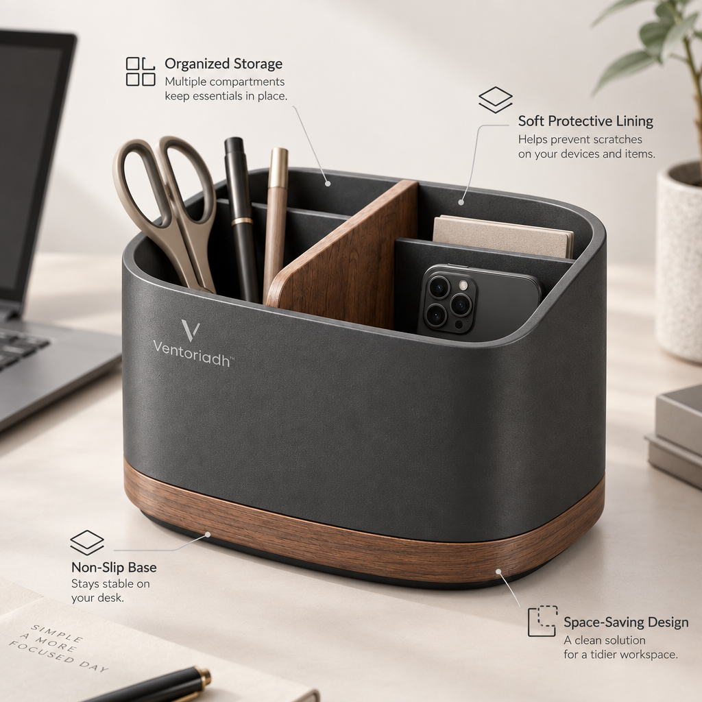 Ventoriadh™ Multi-Compartment Desktop Organizer | Office Desk Storage Caddy for Phones, Pens, Notebooks & Accessories