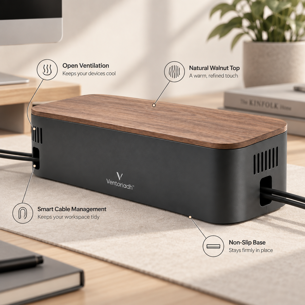 Ventoriadh™ Cable Management Box | Desktop Power Strip & Charger Organizer with Wood-Grain Lid
