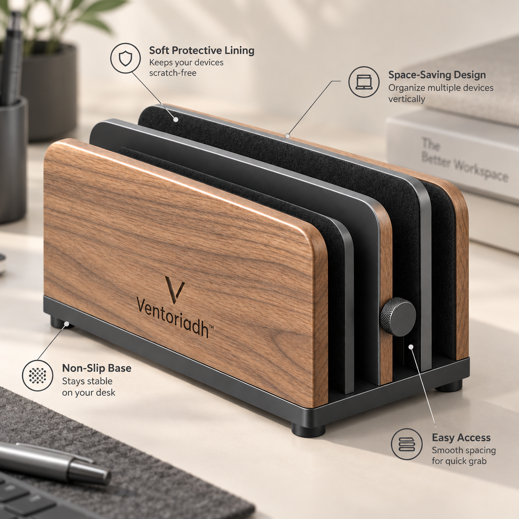 Ventoriadh™ Multi-Device Vertical Desk Organizer | Wood-Grain Laptop, Tablet & Document Storage Stand