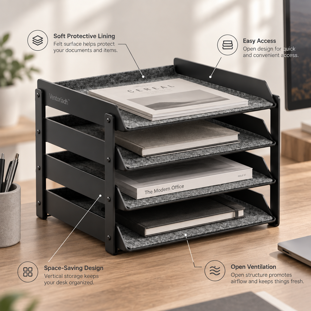 Ventoriadh™ 4-Tier Desktop Document Organizer | Stackable Office Paper Tray with Soft Protective Lining
