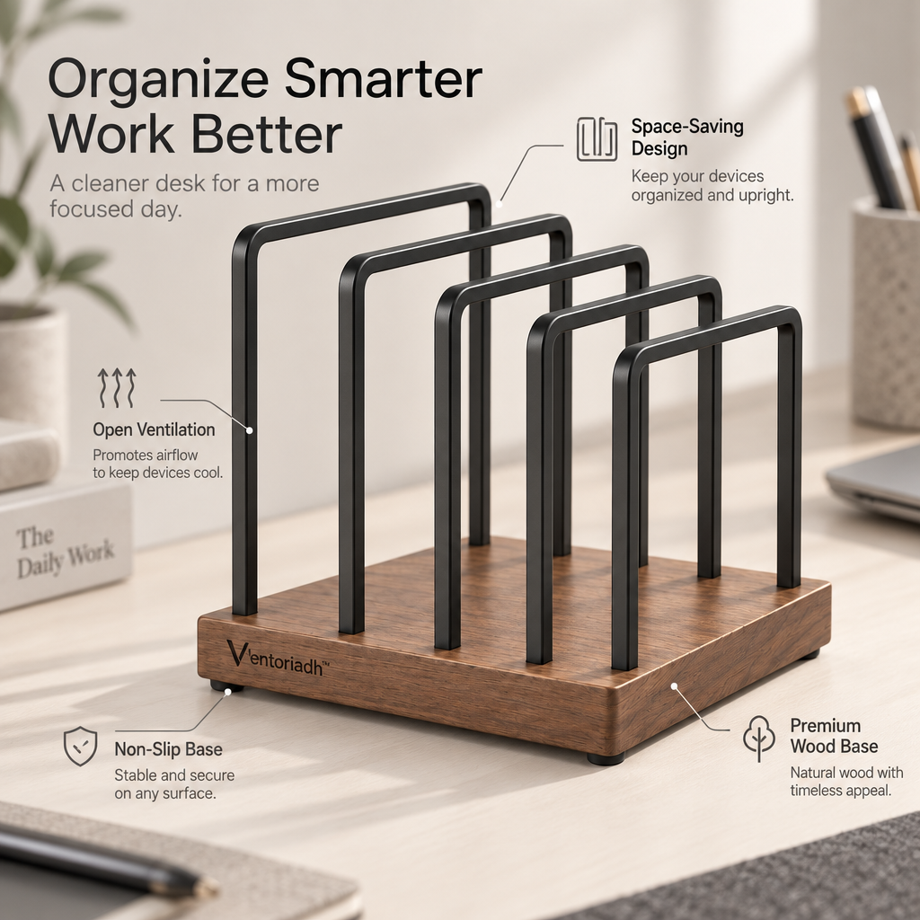 Ventoriadh™ Multi-Slot Desktop File Organizer | Wood-Grain Laptop, Tablet, Document & Book Storage Rack