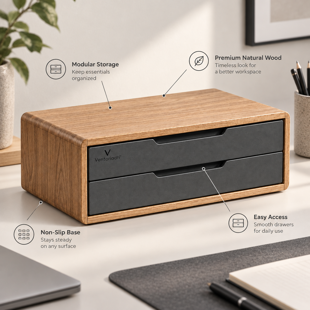 Ventoriadh™ 2-Drawer Desktop Organizer | Wood-Grain Office Storage Cabinet & Desk Riser