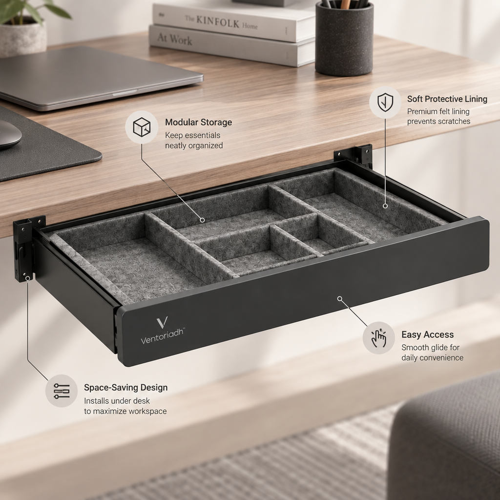 Ventoriadh™ Under-Desk Drawer Organizer | Pull-Out Desktop Storage Tray with Divided Felt Compartments
