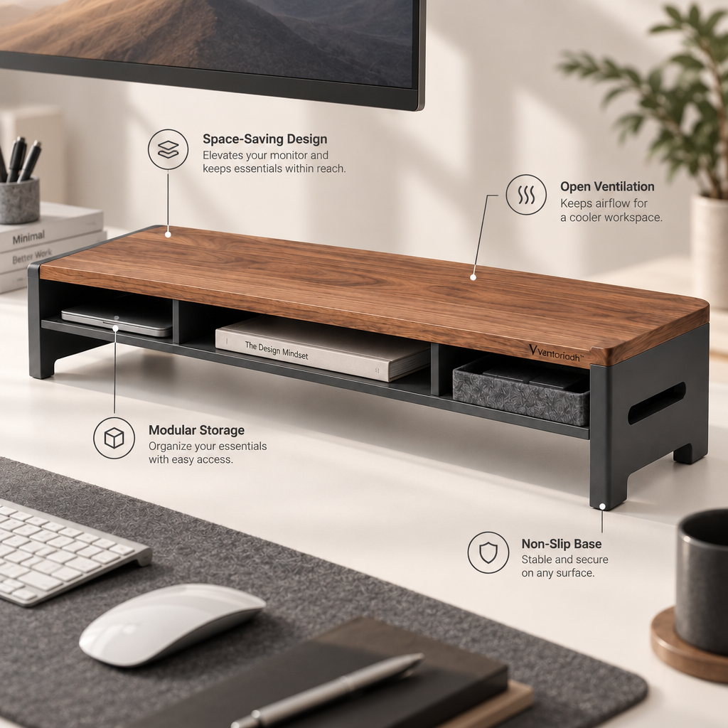 Ventoriadh™ Wood-Grain Monitor Stand Riser | Desktop Organizer with Dual Storage Compartments