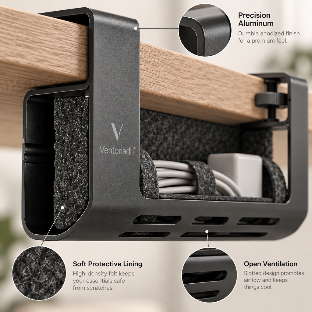 Ventoriadh™ Clamp-On Under Desk Cable Management Tray | Metal Cord Organizer for Cables, Power Bricks & Chargers