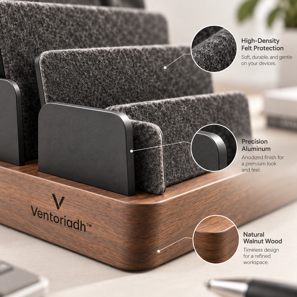 Ventoriadh™ Multi-Slot Desktop Organizer | Wood-Grain Vertical Storage Rack for Laptops, Tablets, Documents & Mail