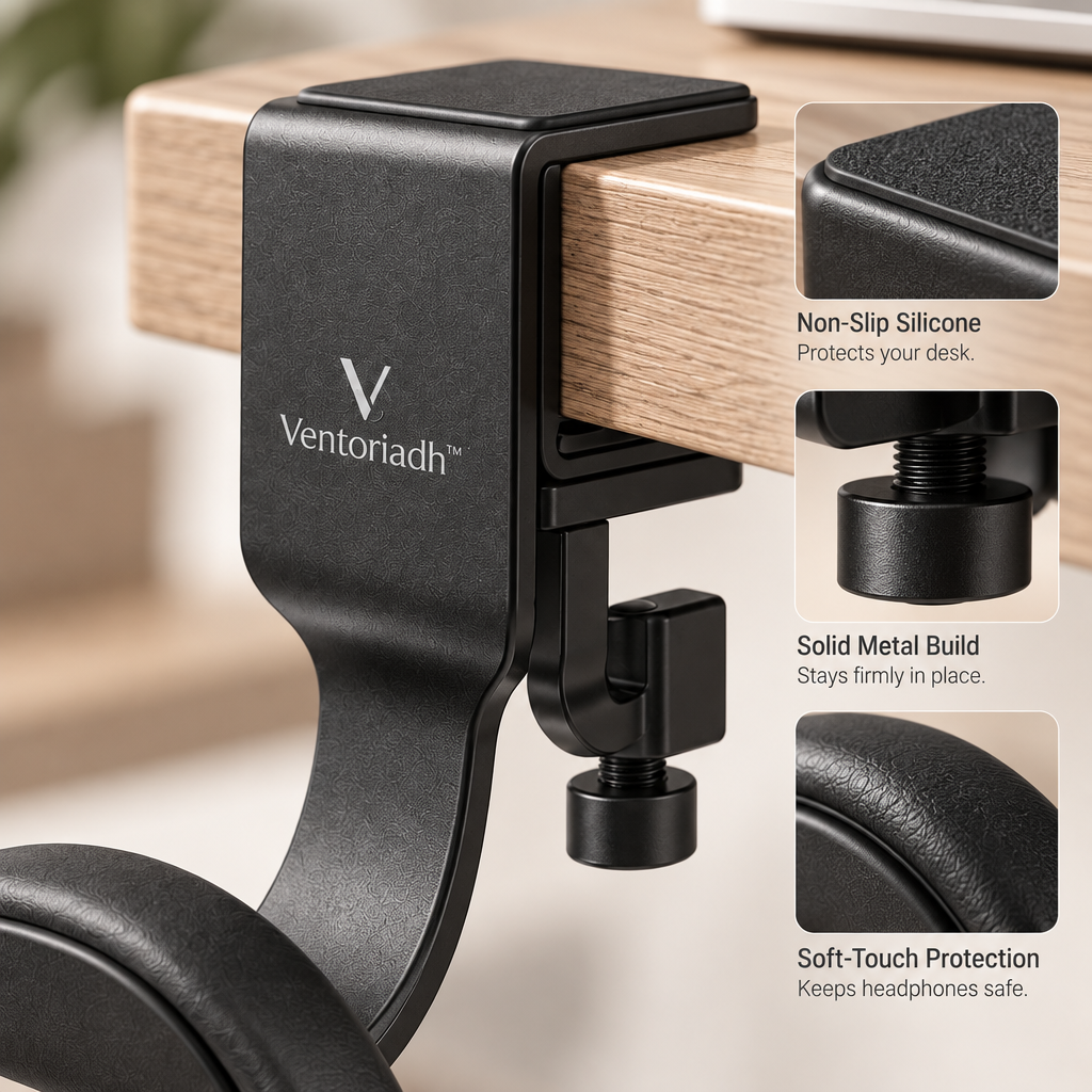Ventoriadh™ Clamp-On Headphone Hanger | Under-Desk Multi-Purpose Hook for Headphones, Bags, Hats & Cables