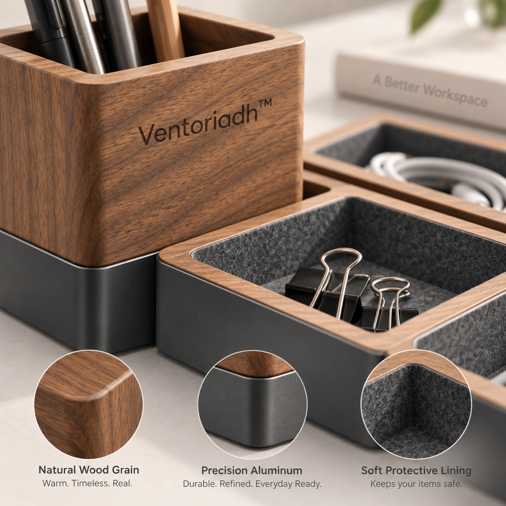 Ventoriadh™ Modular Desktop Organizer | Wood-Grain Pen Holder & Multi-Compartment Office Storage Tray