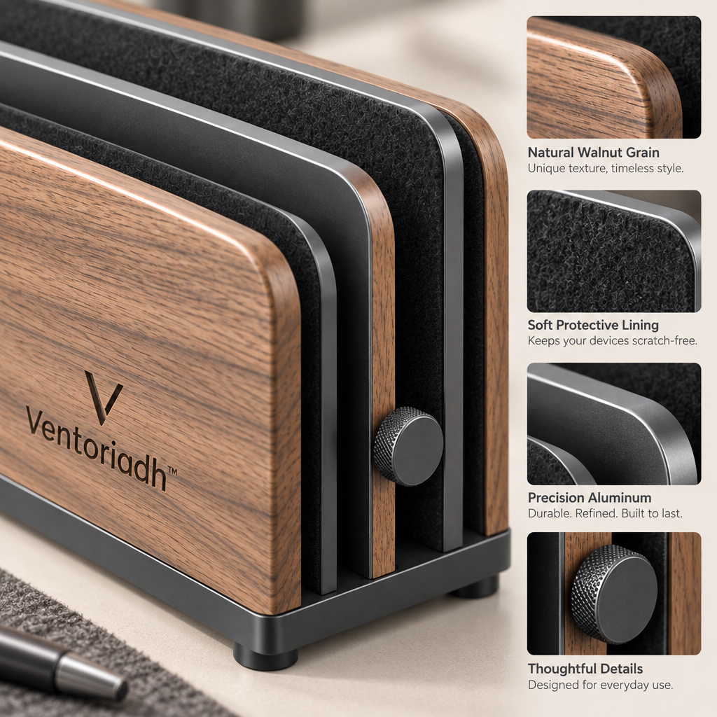 Ventoriadh™ Multi-Device Vertical Desk Organizer | Wood-Grain Laptop, Tablet & Document Storage Stand