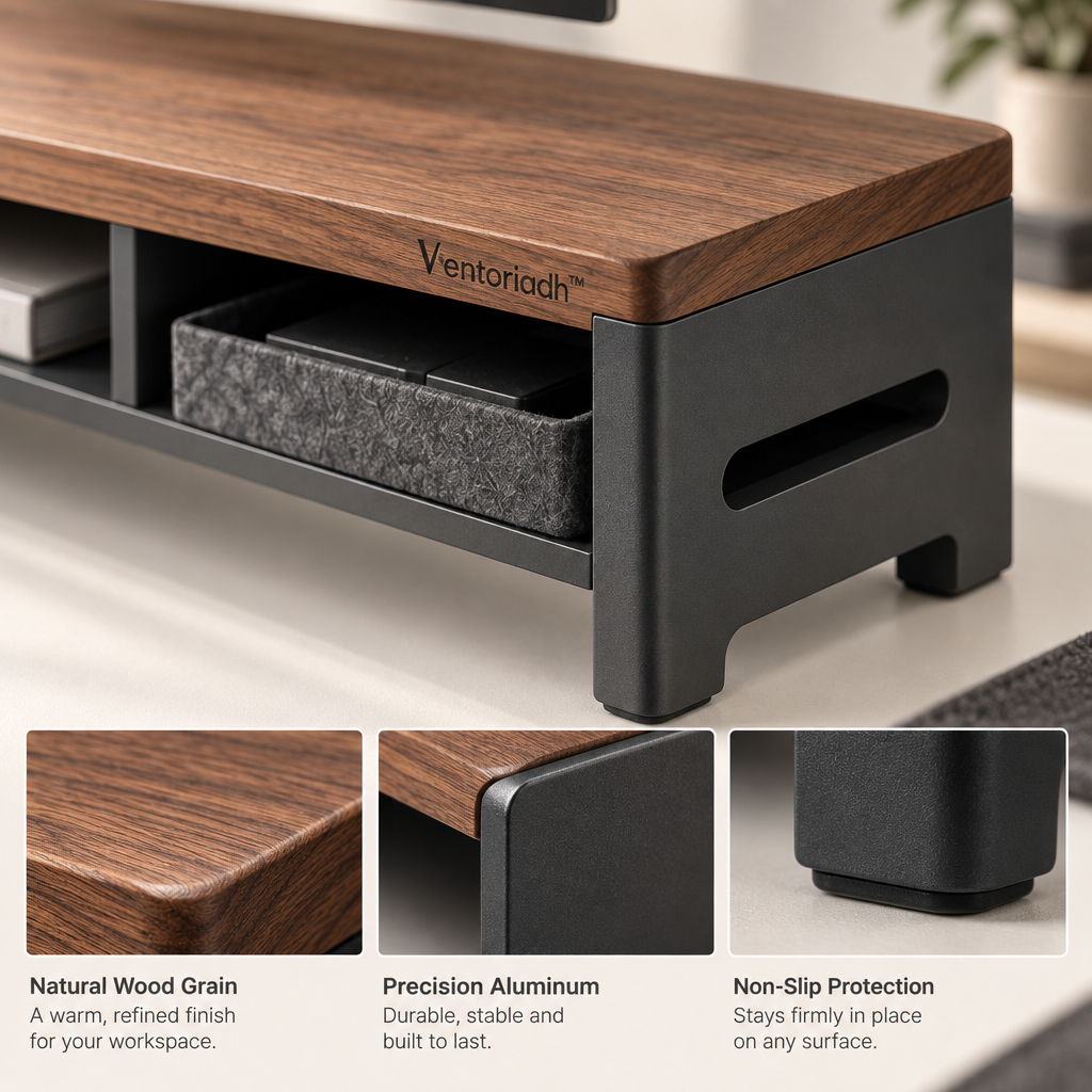 Ventoriadh™ Wood-Grain Monitor Stand Riser | Desktop Organizer with Dual Storage Compartments