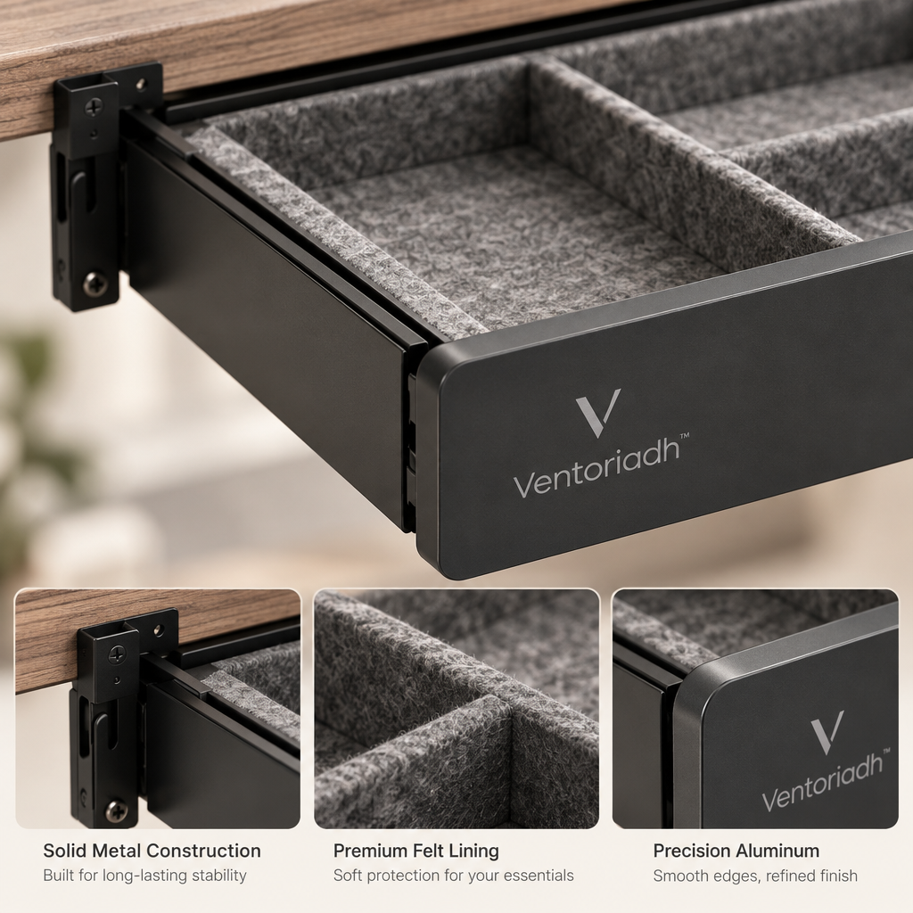 Ventoriadh™ Under-Desk Drawer Organizer | Pull-Out Desktop Storage Tray with Divided Felt Compartments